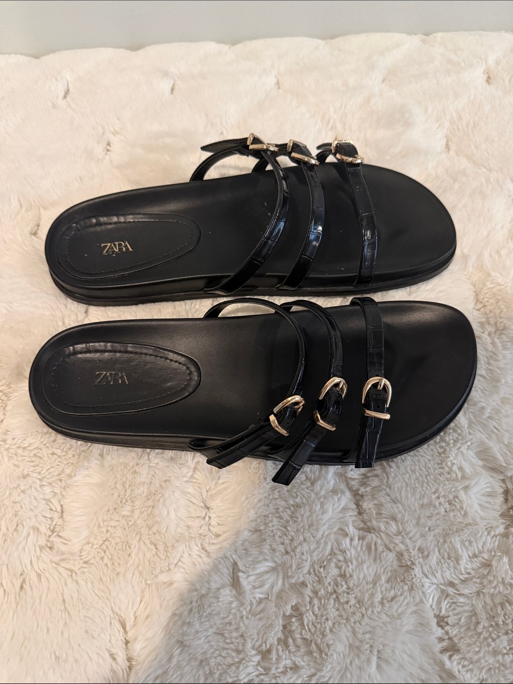 Zara Black Triple-Strap Sandals with Gold Buckles - Picture 4 of 4